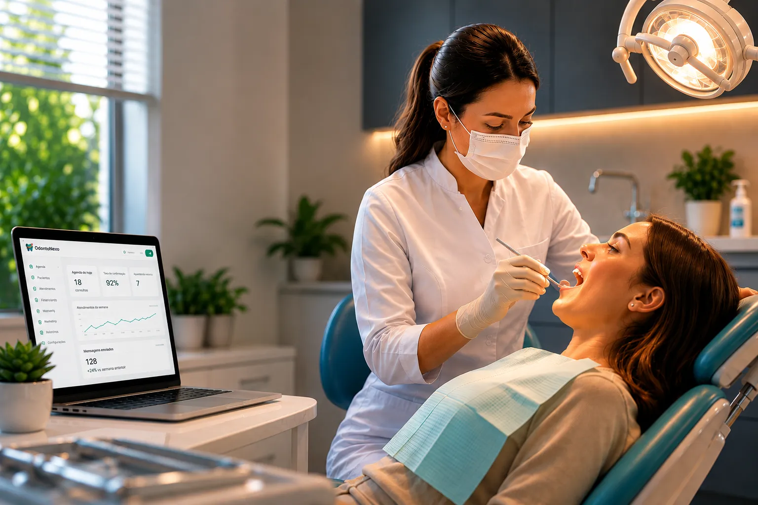 Clínica usando OdontoNexo no laptop e no celular simultaneamente