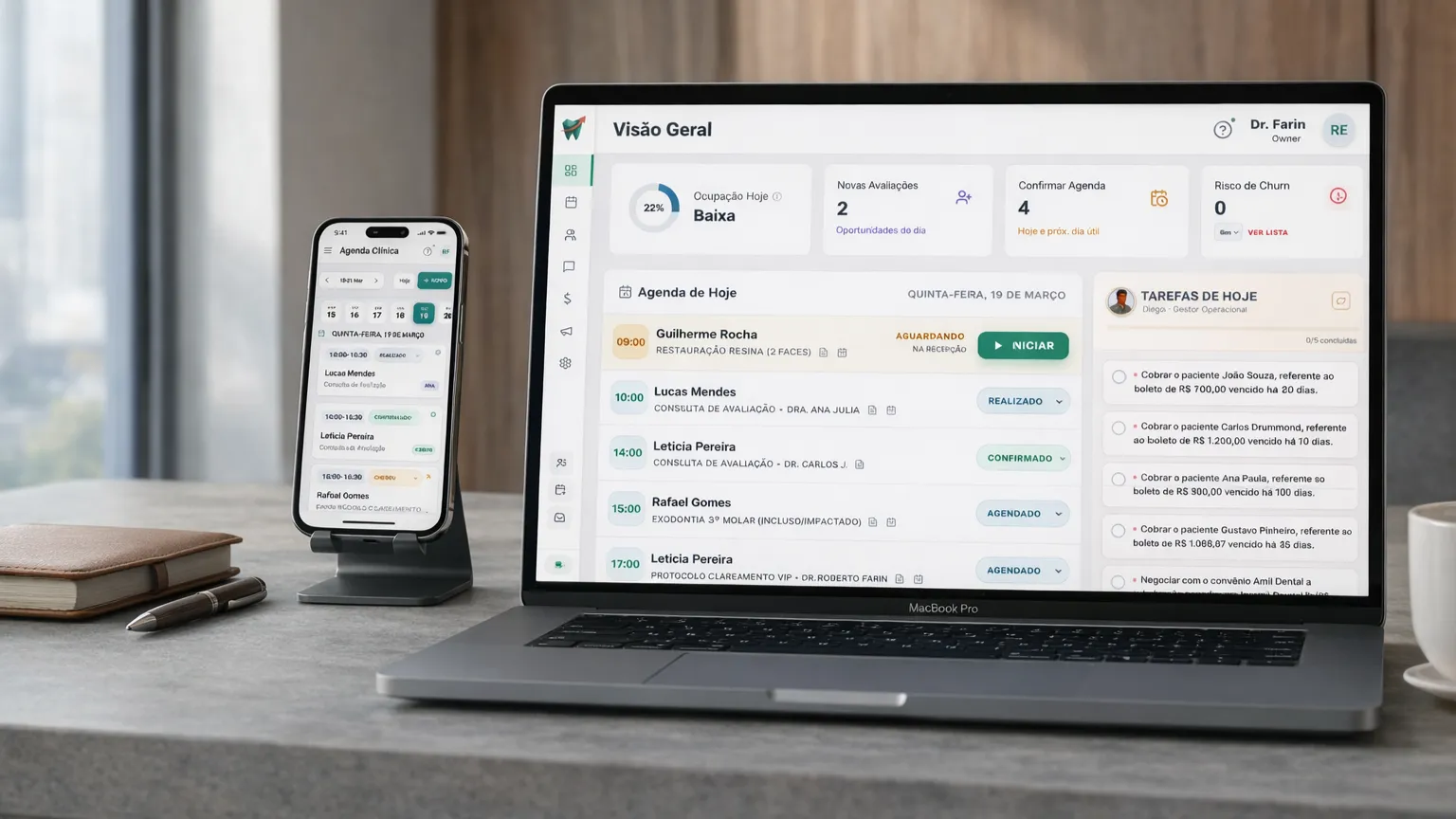 Painel da OdontoNexo: agenda, financeiro e WhatsApp num só lugar