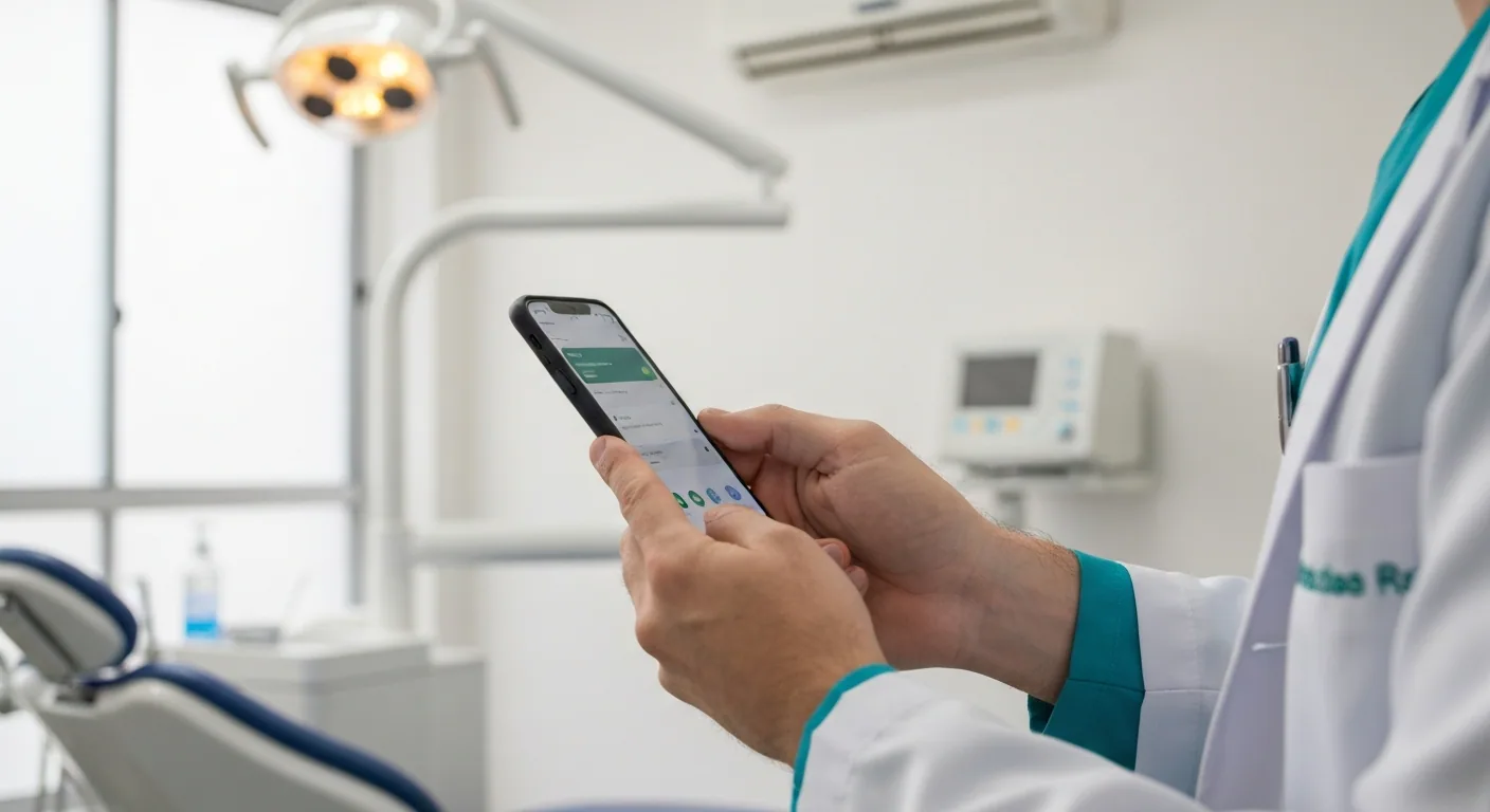 Mãos de um dentista brasileiro segurando um smartphone em uma clínica em Belo Horizonte, com tela de conversa de WhatsApp visível em ângulo, cadeira odontológica desfocada ao fundo.