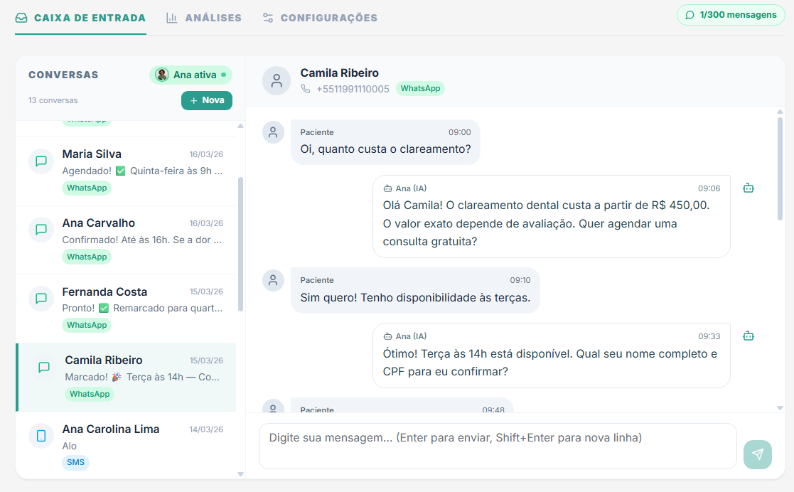 Caixa de entrada do OdontoNexo mostrando conversa entre paciente e agente Ana no WhatsApp, com agendamento confirmado automaticamente.