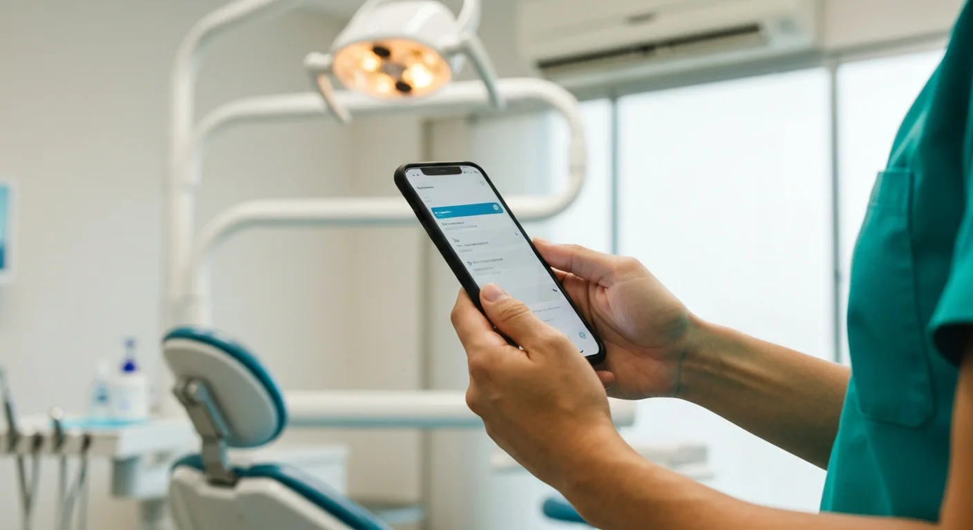Mãos de dentista em scrubs teal segurando smartphone em clínica odontológica, com cadeira e luminária clínica desfocadas ao fundo.
