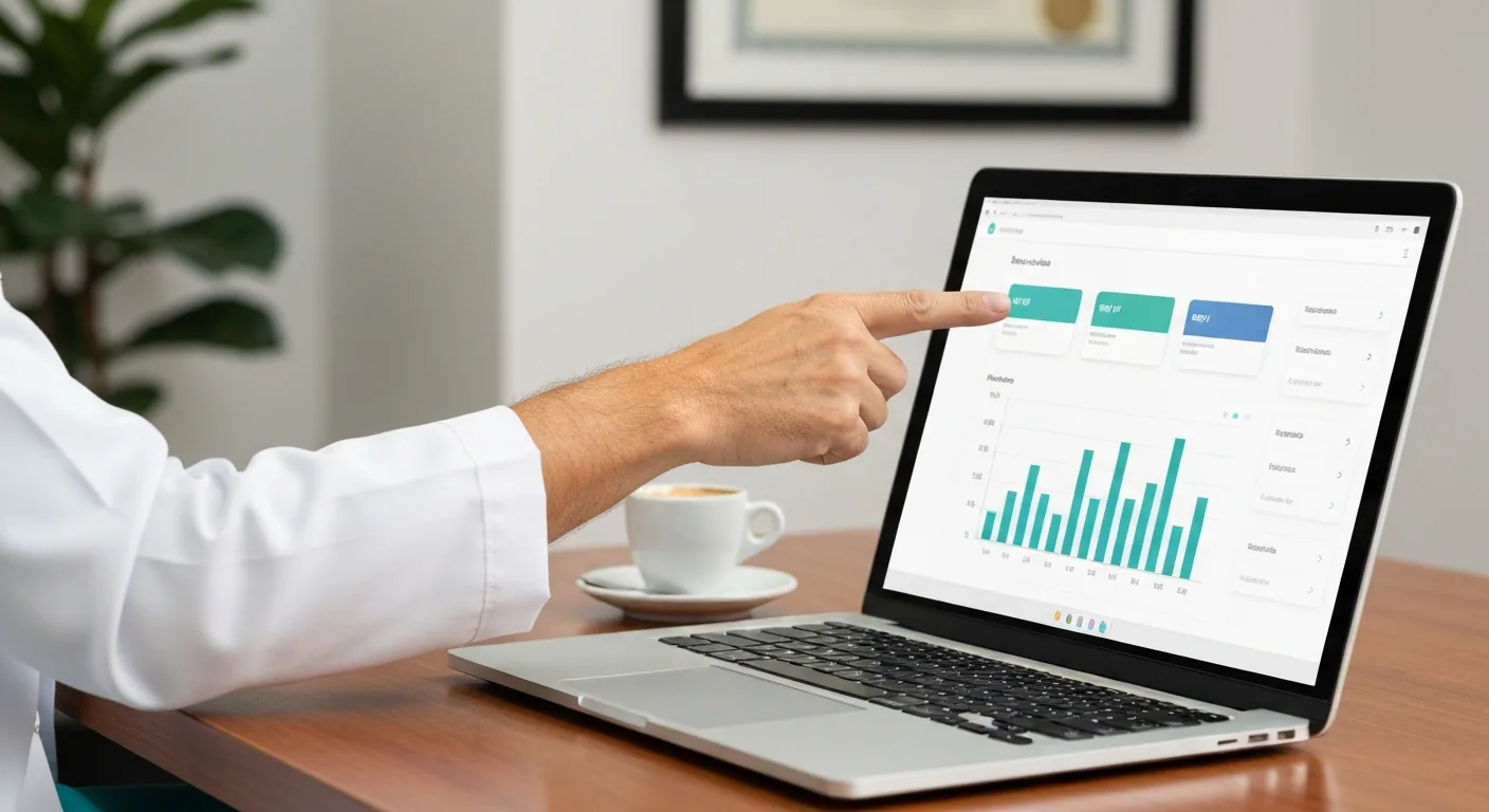Mão de uma dentista brasileira anotando valores em reais sobre um relatório financeiro mensal impresso, com laptop mostrando dashboard e calculadora ao lado.