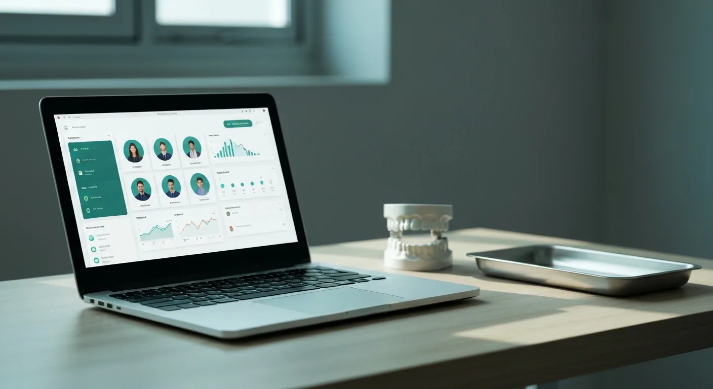 Laptop em uma clínica odontológica brasileira exibindo o painel de IA do OdontoNexo com agentes especializados, ao lado de um modelo de mandíbula e instrumentos clínicos.
