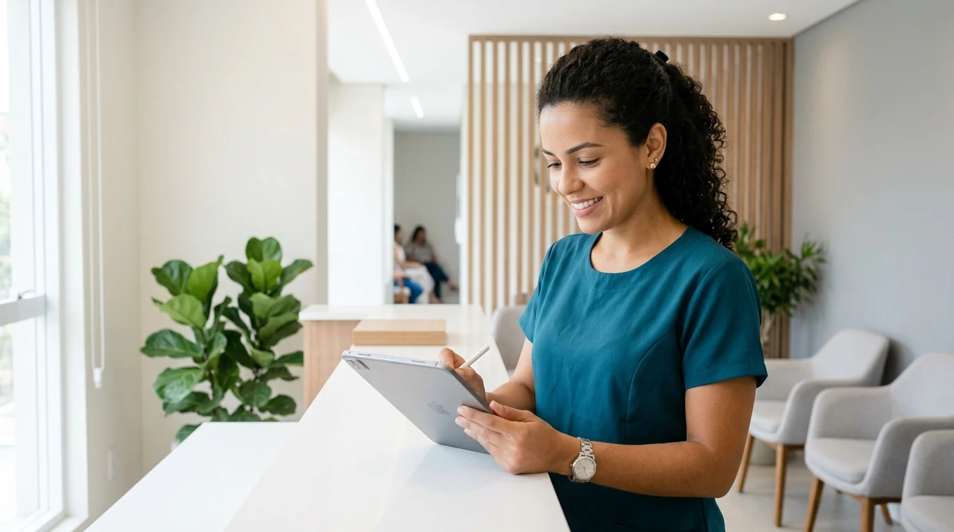 Recepcionista de clínica odontológica brasileira revisando a lista de pacientes para retorno em um tablet, com a agenda da clínica ao fundo.