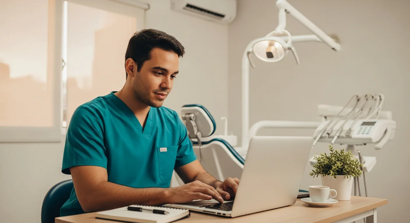 Dentista brasileiro jovem em sua primeira clínica em São Paulo, sentado em frente ao laptop em ambiente clínico recém-inaugurado, ao entardecer.