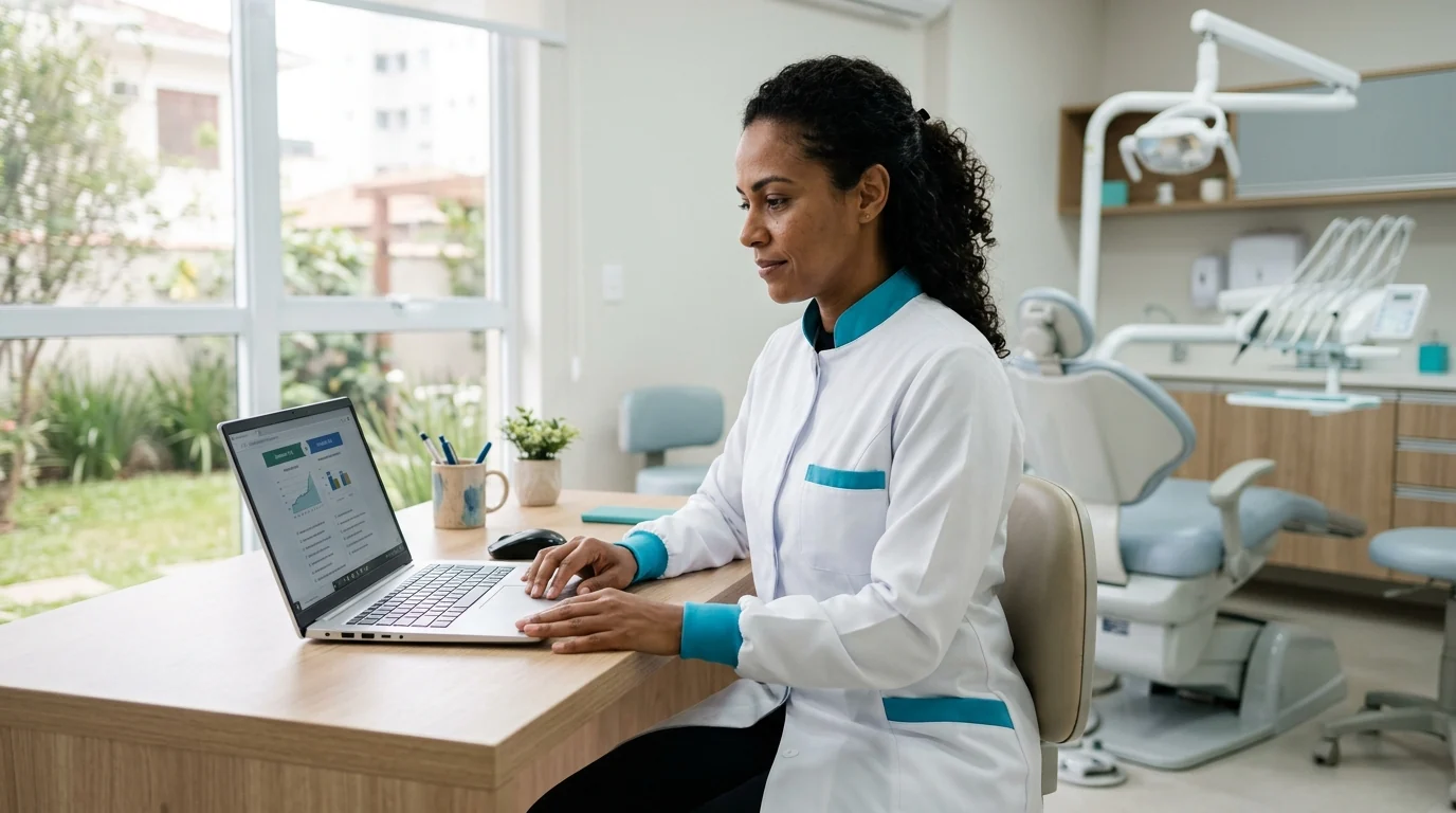 Dentista brasileira em consultório odontológico moderno comparando opções de software de gestão na tela de um notebook.
