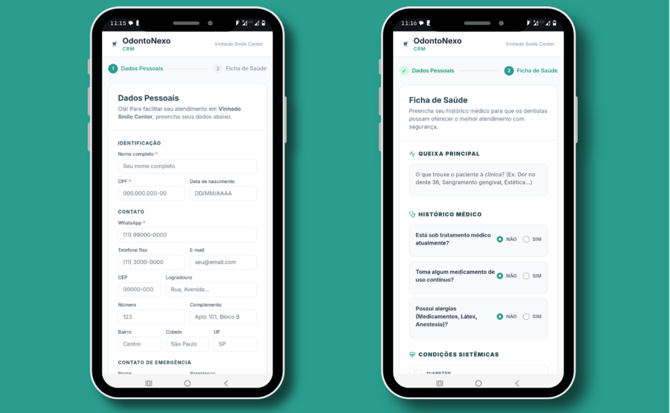 Anamnese digital preenchida diretamente no prontuário do paciente no OdontoNexo, exibindo campos de histórico médico e odontológico