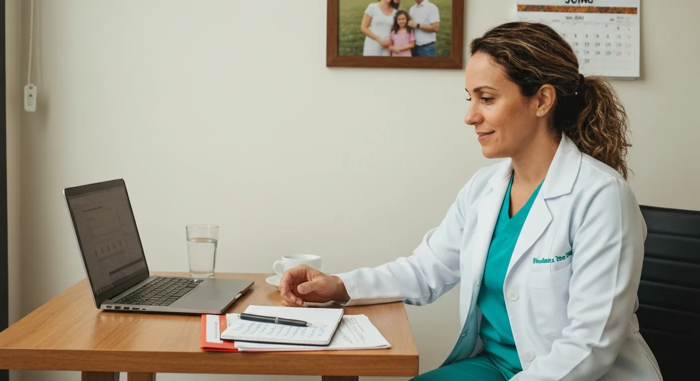 Dentista brasileira em sua clínica em Belo Horizonte comparando o Google Agenda com um software odontológico em seu laptop.